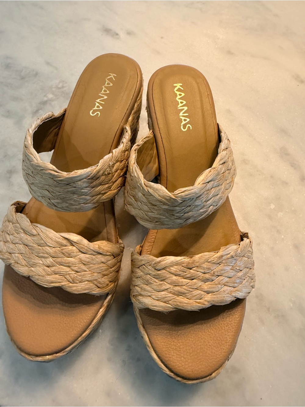 Kaanas Braided Double-Strap Tan Slide Mules